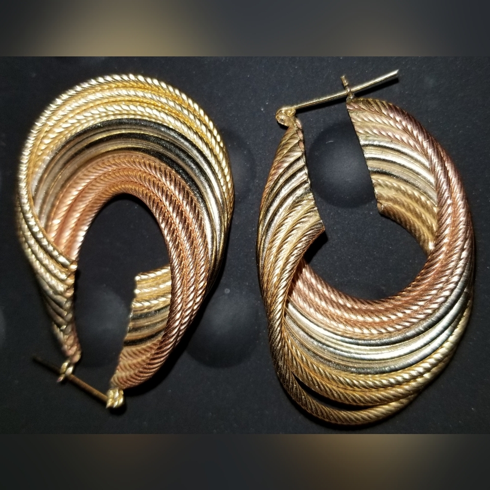 Vintage 14K Tri- Gold Hoop Earrings Heavy, Large